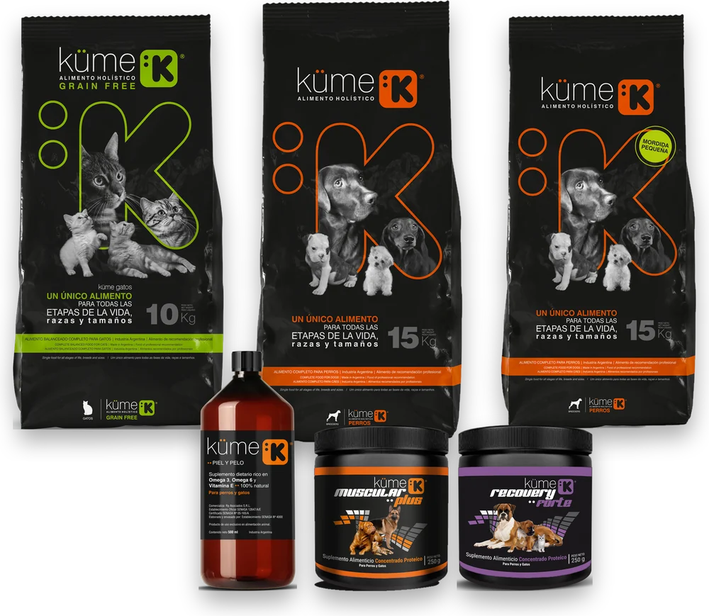 Línea küme: Gatos 10 kg, Perros 15 kg standard y mordida pequeña, Omegas 3 y 6 de 500 ml, Muscular Plus y Recovery Forte de 250 g